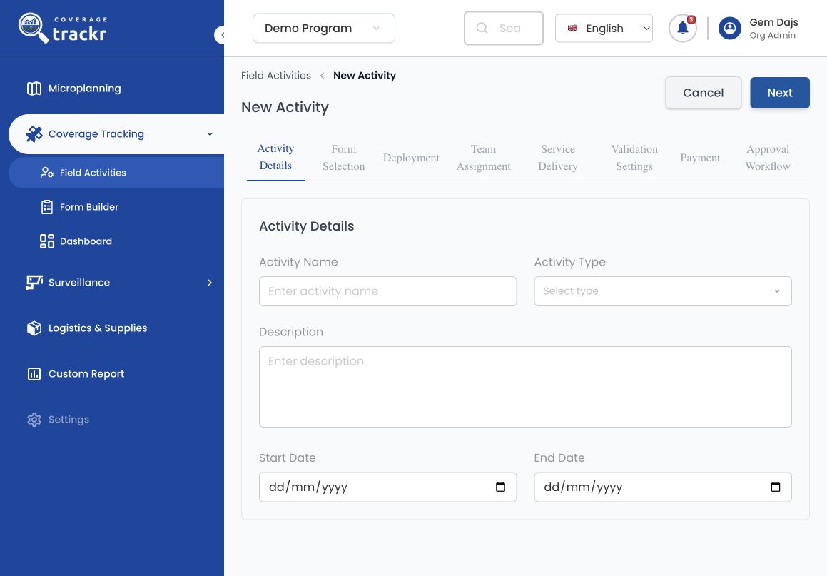 New Activity page showing activity details and the setup stages