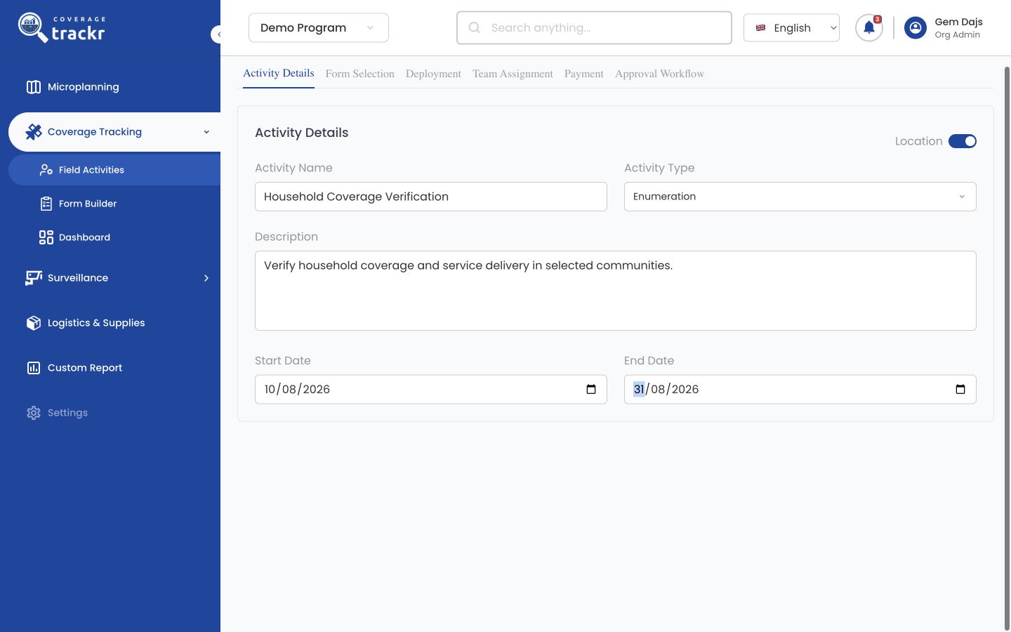 Activity Details screen completed with an example activity name, type, description and dates