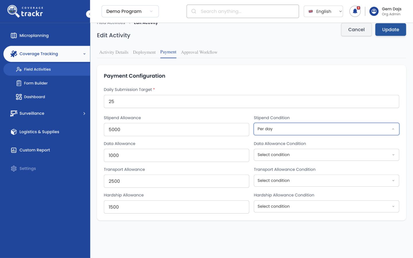 Payment Configuration populated with a daily target and allowance amounts