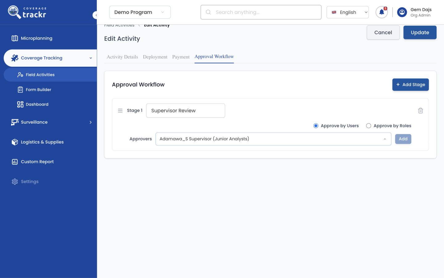 Approval Workflow with a Supervisor Review stage and selected approver