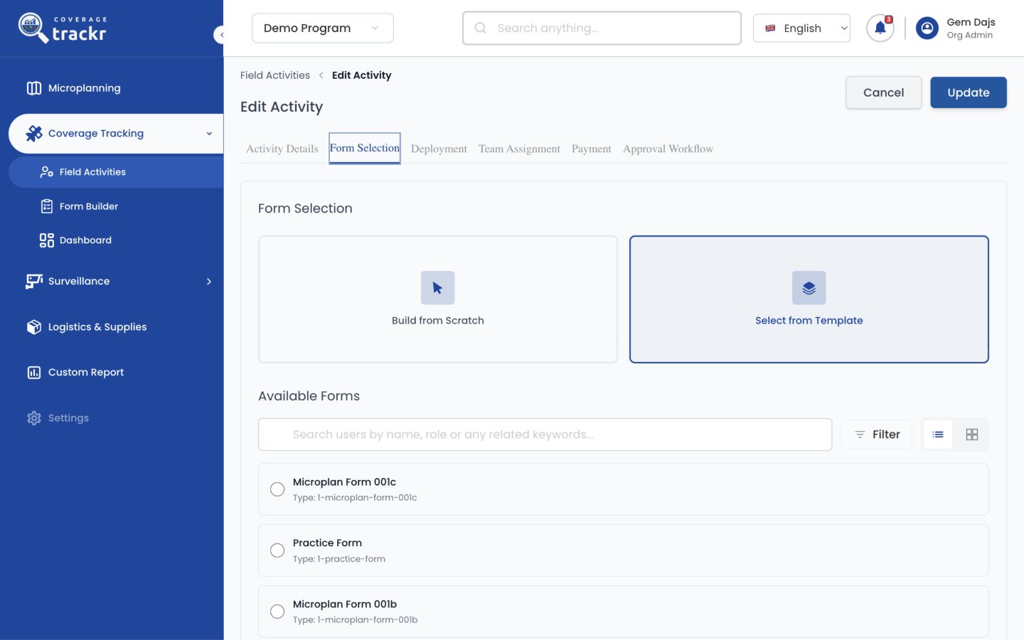 Activity Form Selection stage with an existing form selected