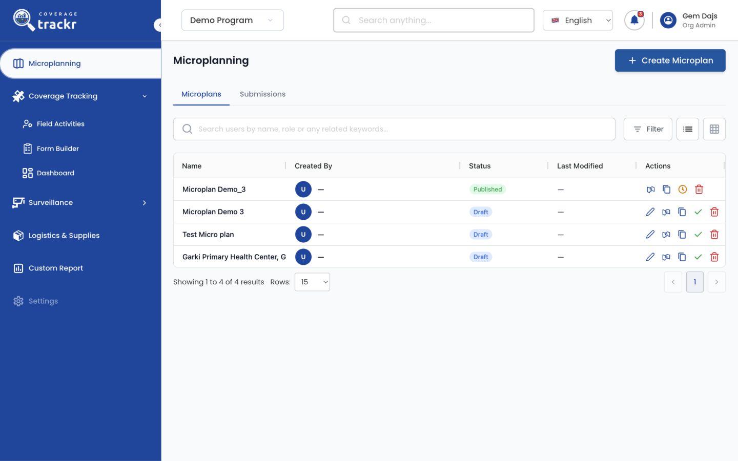 Microplanning list with the Create Microplan button and existing records