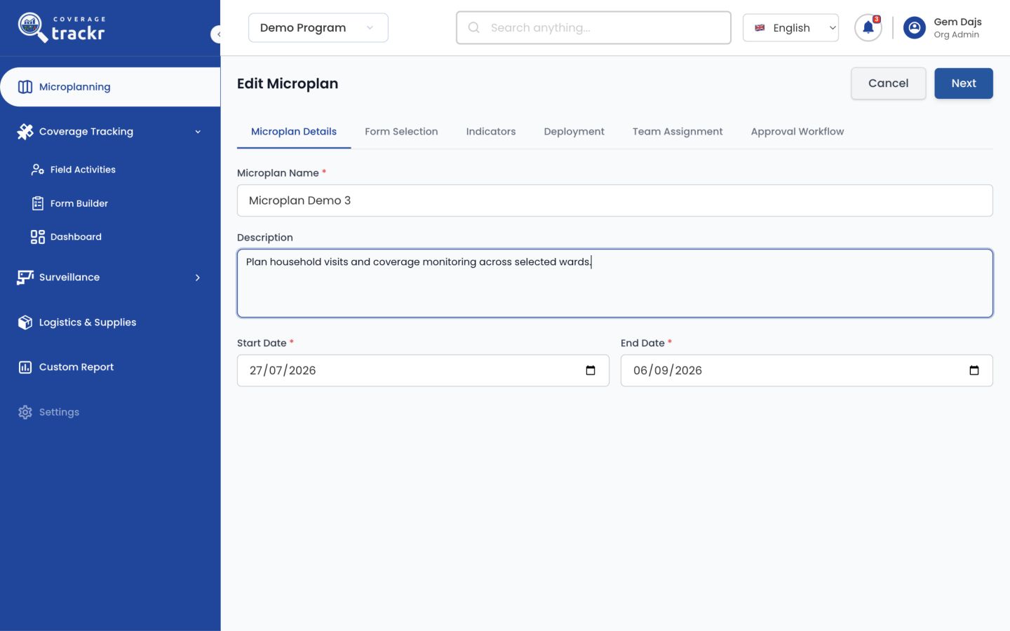 New Microplan page showing details and the six setup stages