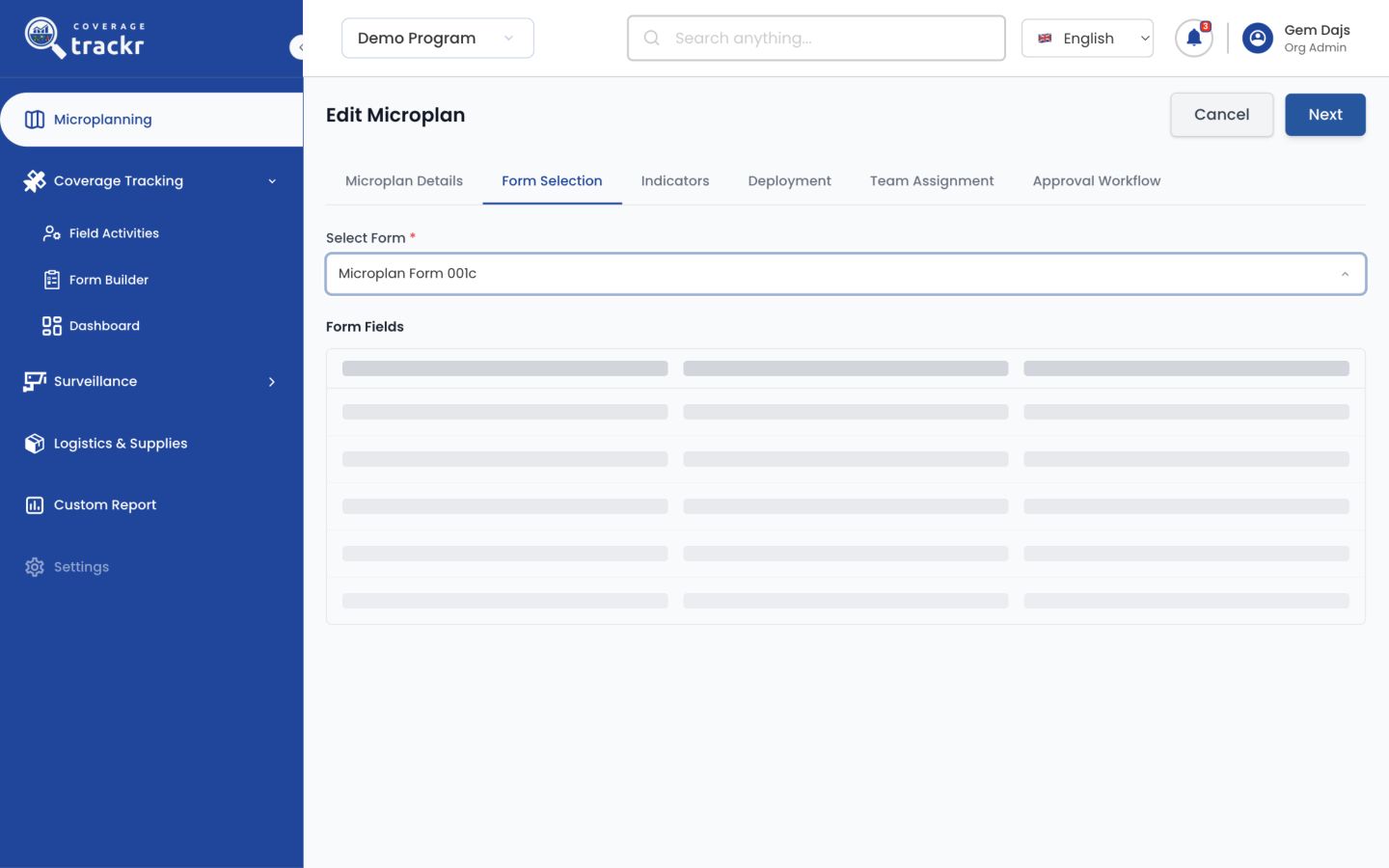 Microplan Form Selection stage with Microplan Form 001c selected