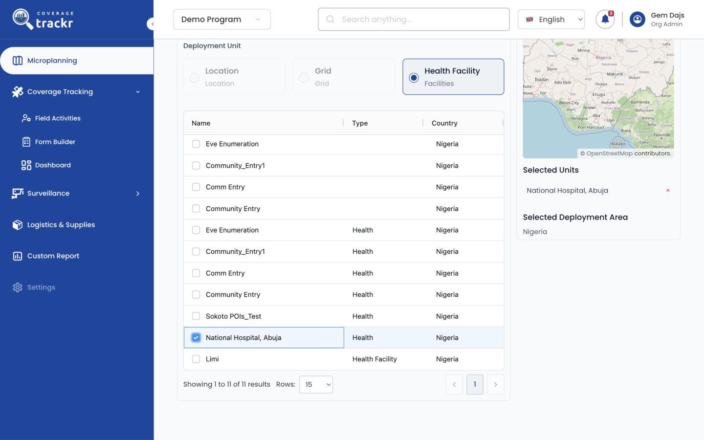 Microplan Deployment stage showing Nigeria and available health facilities