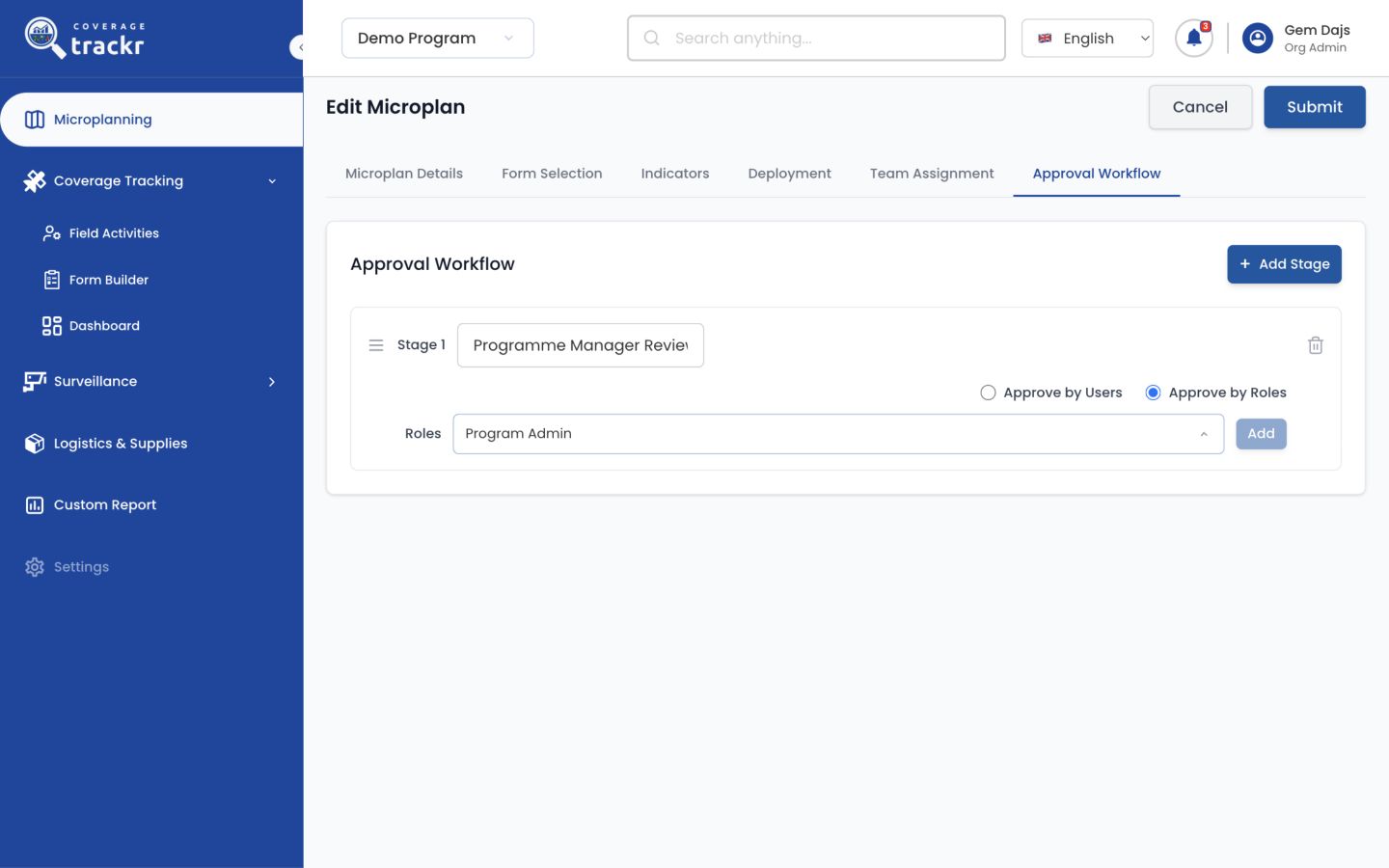 Microplan Approval Workflow populated with Programme Manager Review and Program Admin role