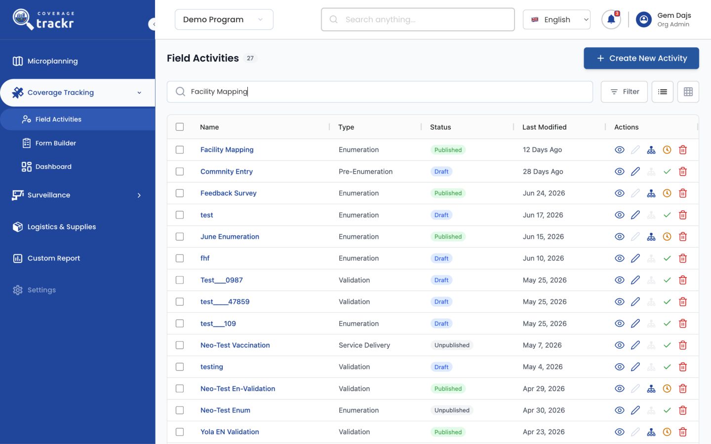 Field Activities page filtered to Facility Mapping using the search field