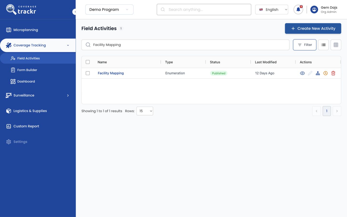 Field Activities search result with Filter, List View and Grid View controls