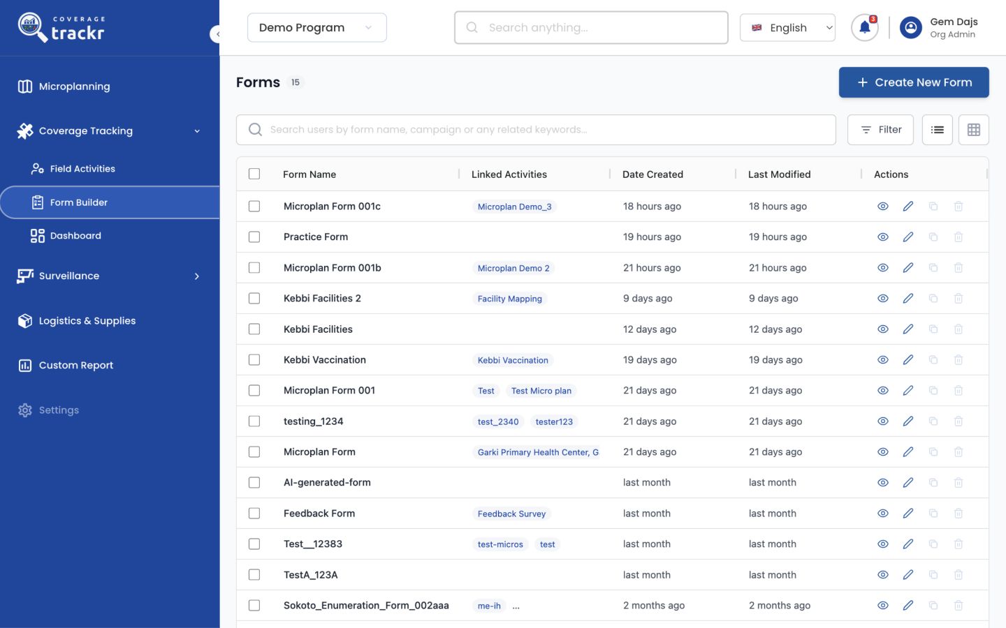 CoverageTrackr Forms library with Create New Form, search and form records