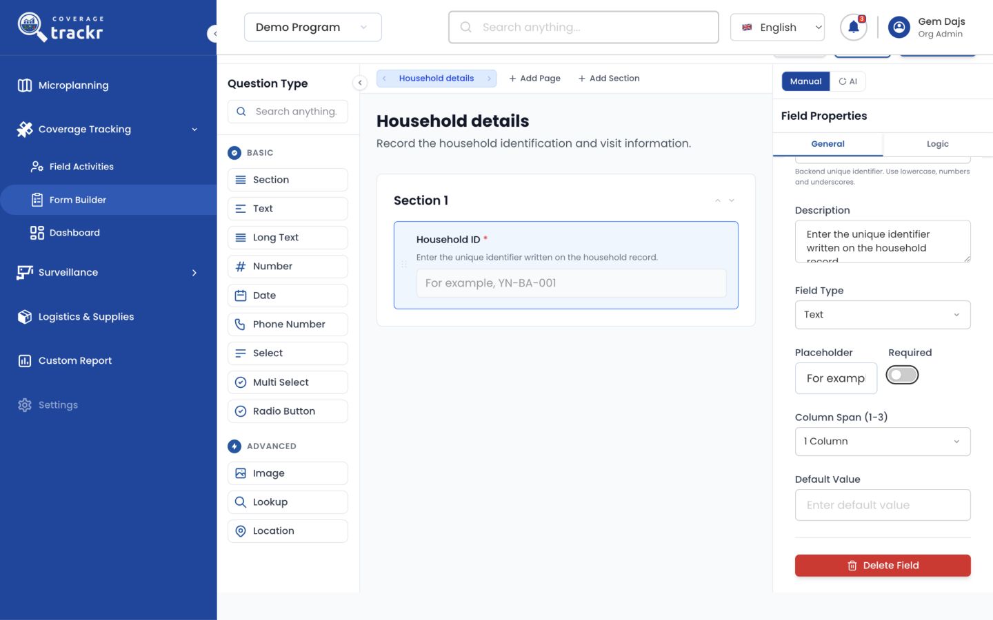 Empty CoverageTrackr form builder with question types, form canvas and properties panel
