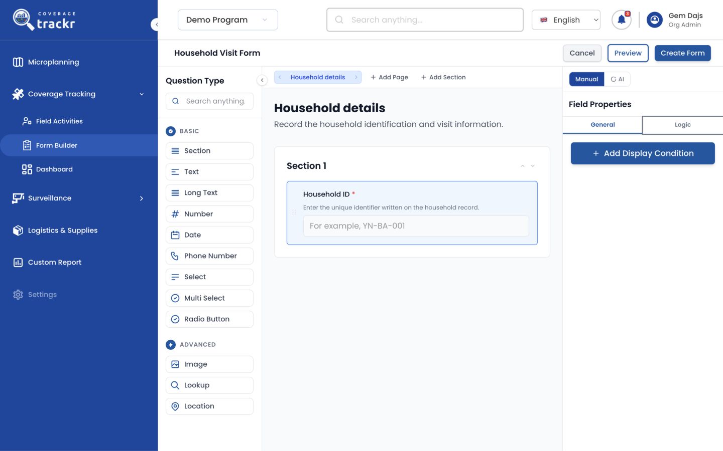 Form Builder Logic tab with the Add Display Condition control
