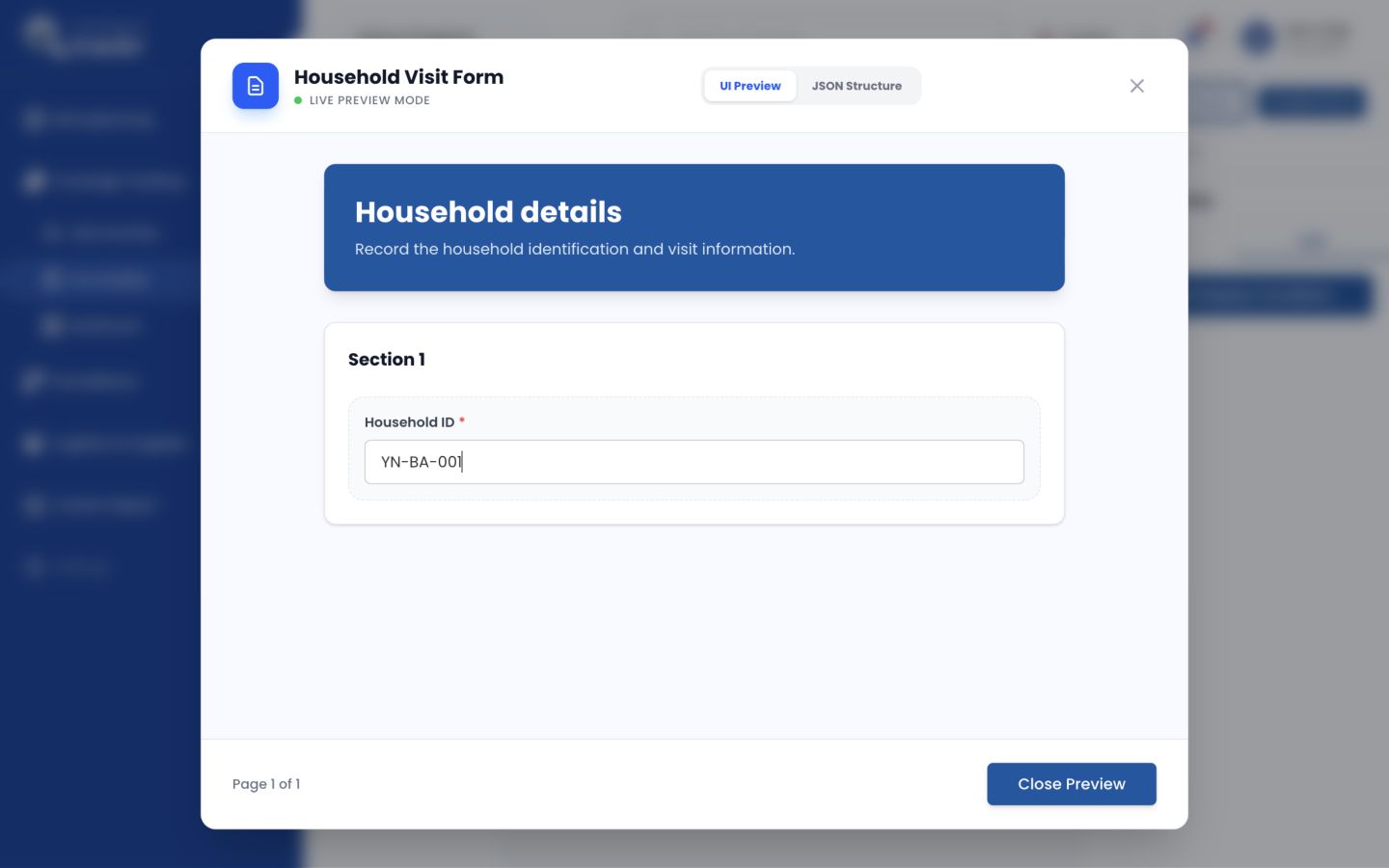 Live Preview Mode showing the Household Visit Form