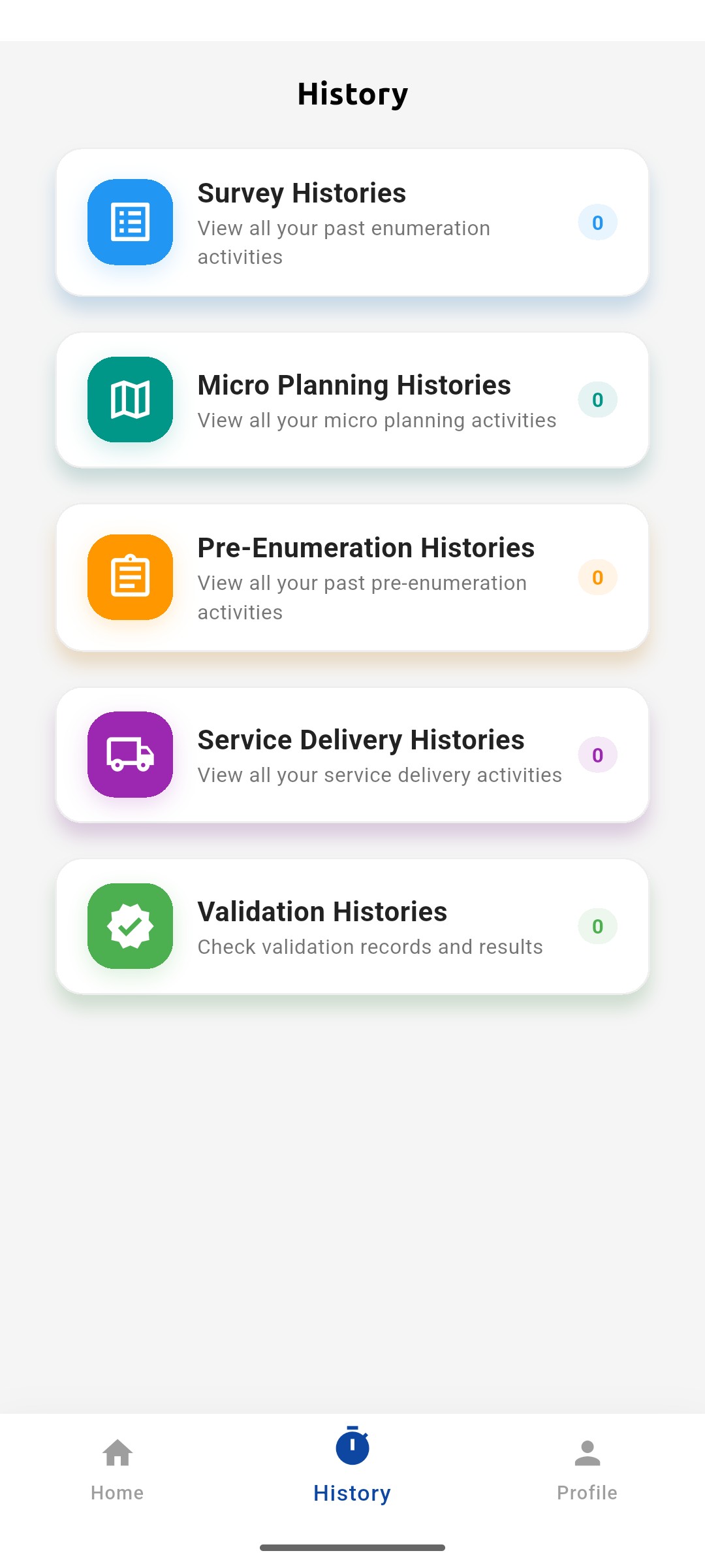 History screen with survey, micro planning, pre-enumeration, service delivery and validation histories
