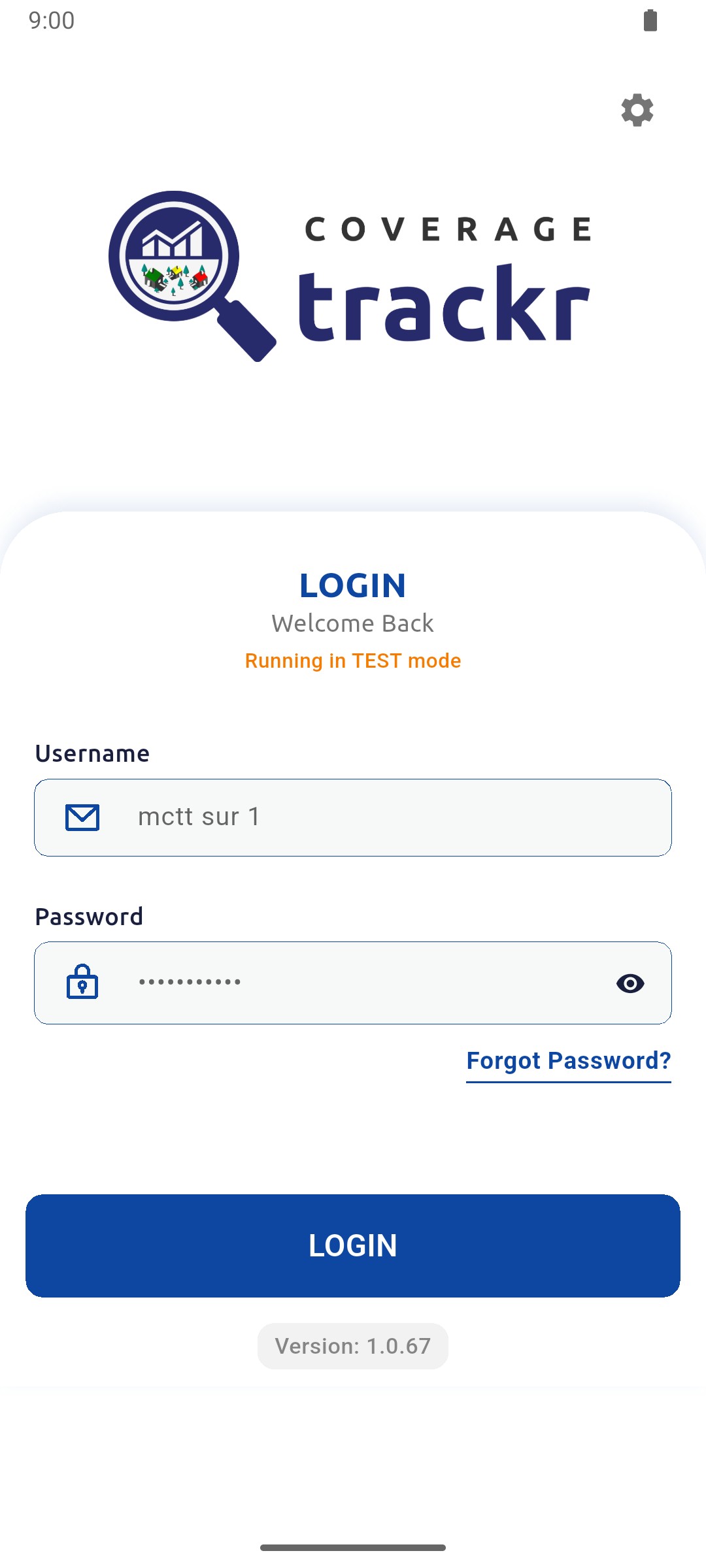 Login screen with a username and masked password entered in TEST mode