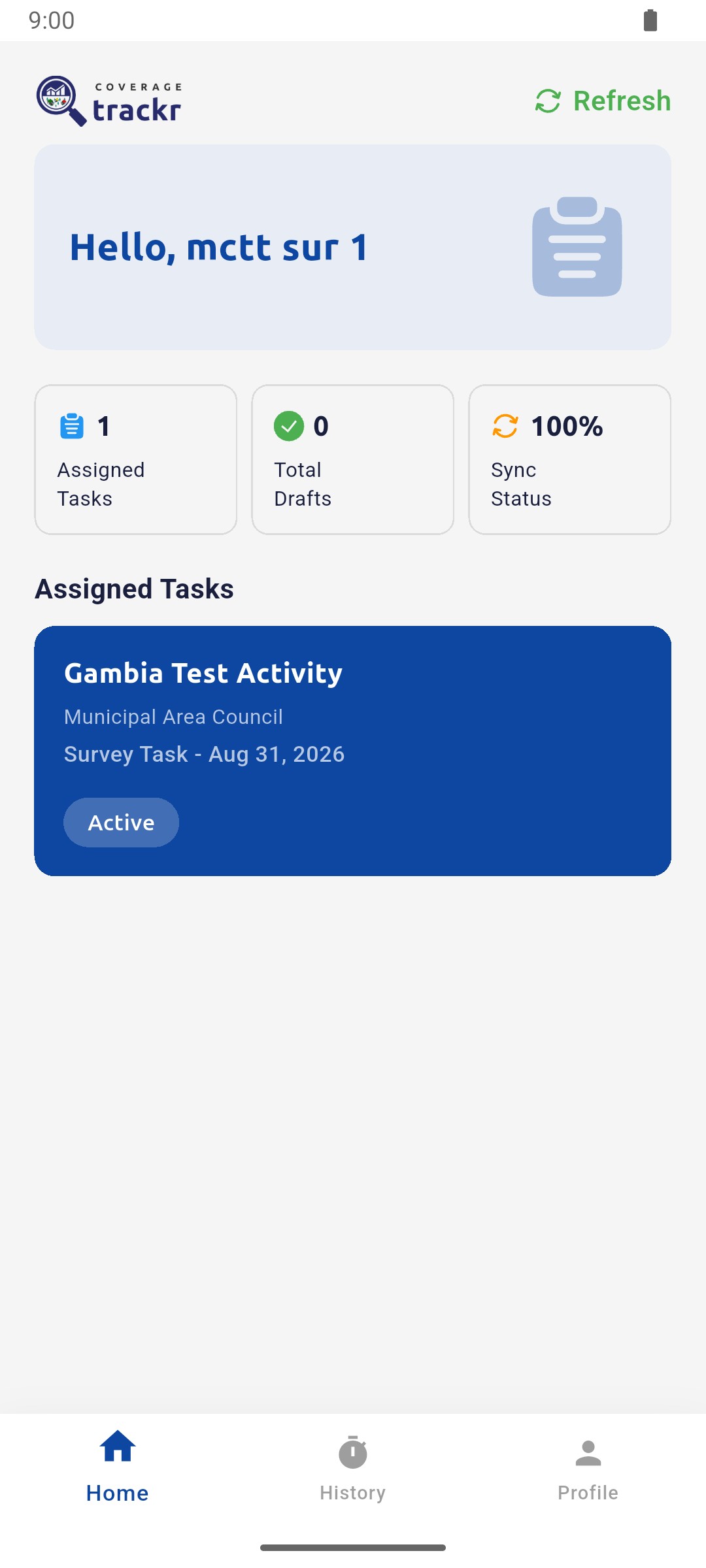 Home screen greeting mctt sur 1 with one assigned task