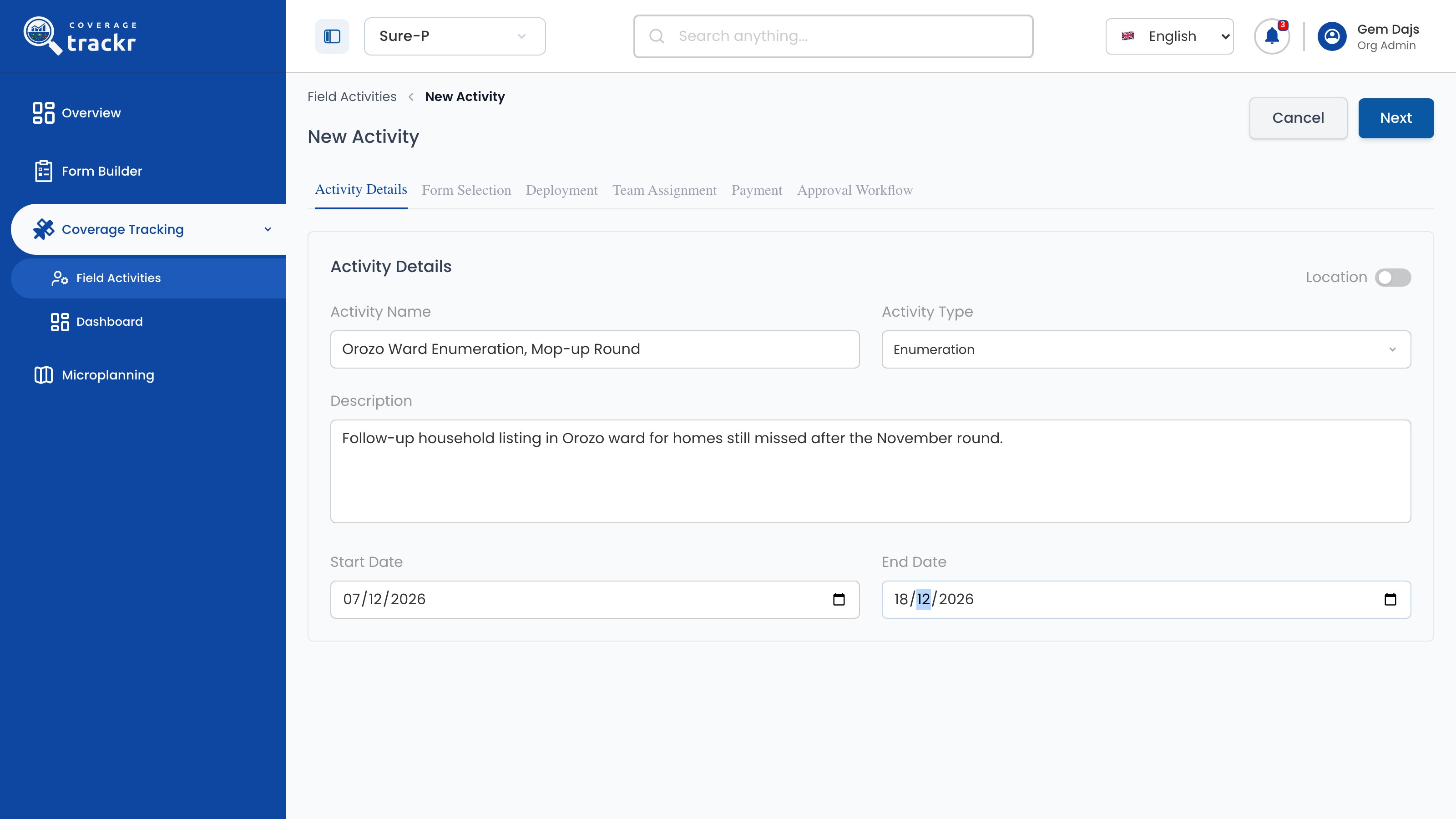 New Activity details with name, Enumeration type, description and dates entered