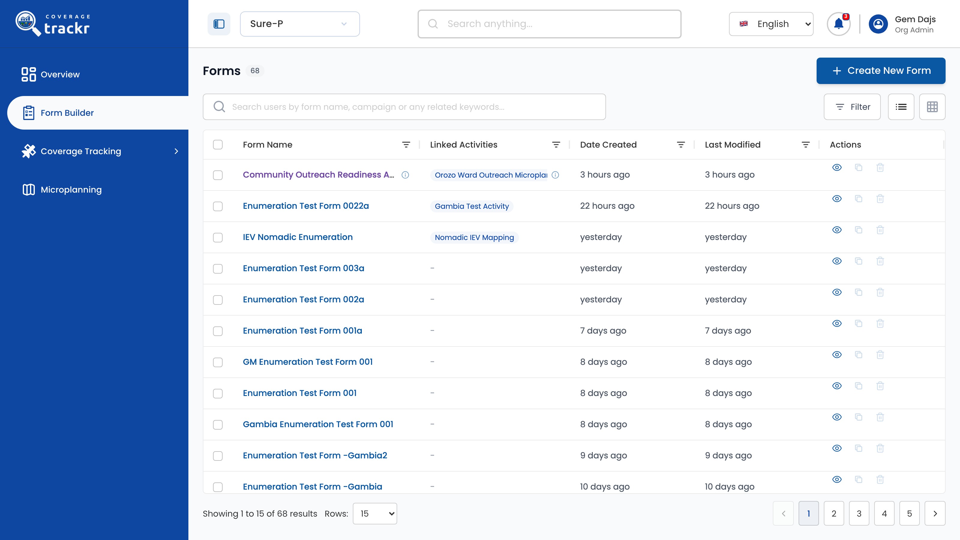 CoverageTrackr Form Builder list with search, filters and existing forms
