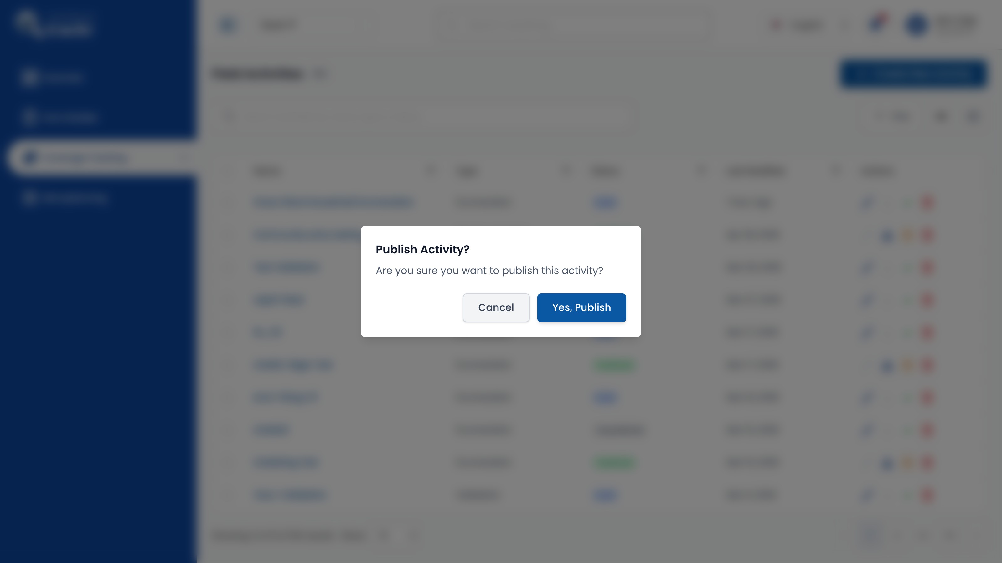 Publish Activity confirmation dialog