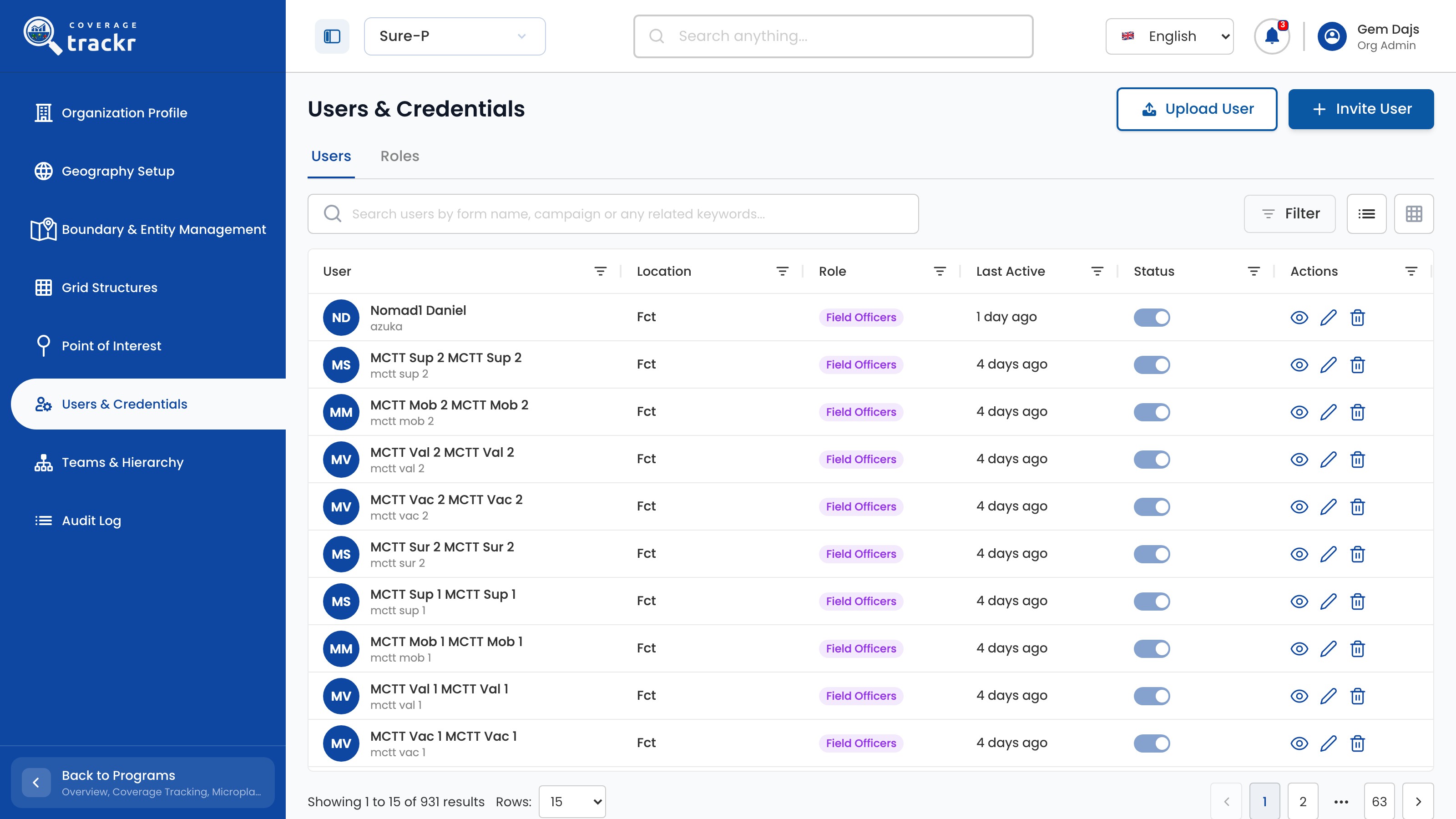 CoverageTrackr Users tab with search, filters and user records